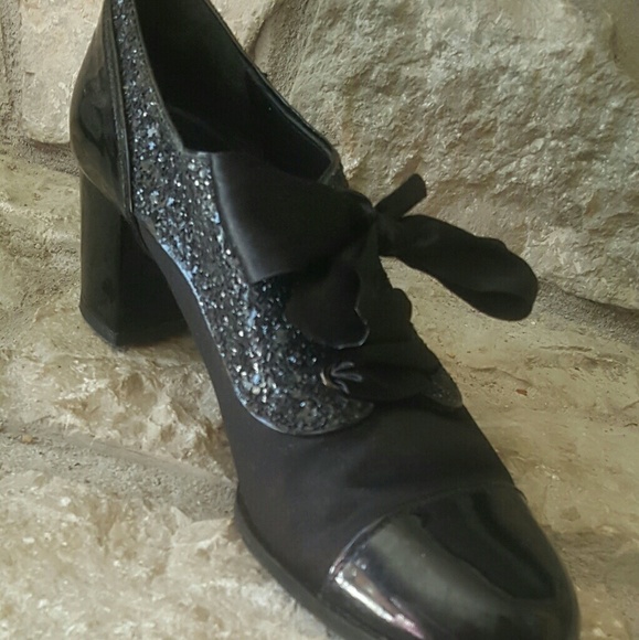 Black Mochino Patent Leather Satin  Pave Bow Shoes - Picture 6 of 8
